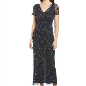 Pisarro Nights Beaded Mesh Column Gown Dark Navy 6 NWOT